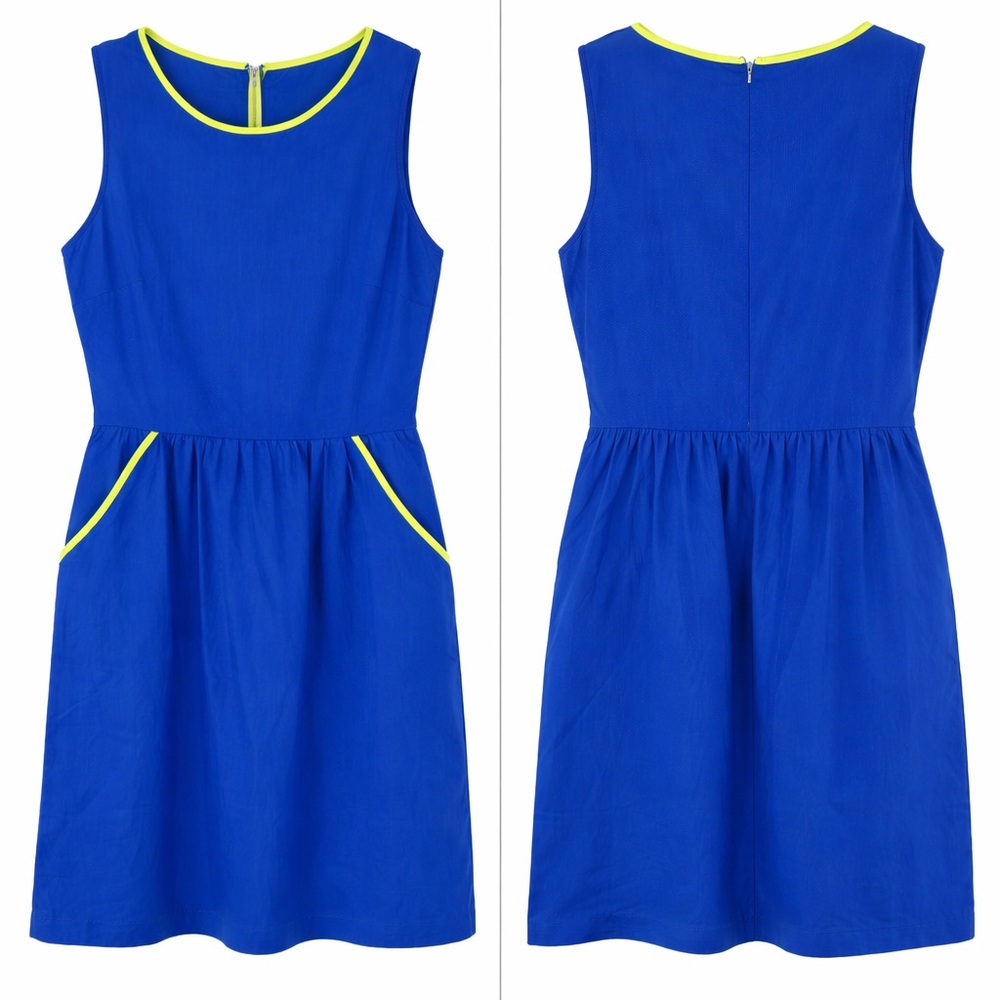 Mark. Blue Yellow Trim w Pockets Dress Summer Preppy Coastal Chic Sz L - Picture 2 of 2